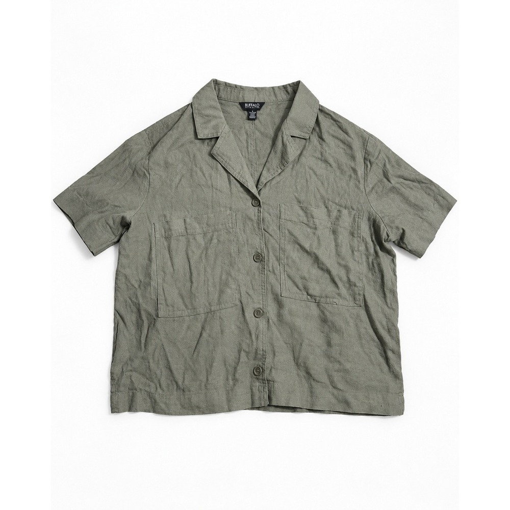 Buffalo David Bitton Womens Olive Green Linen Blend Short Sleeve Button Up Shirt